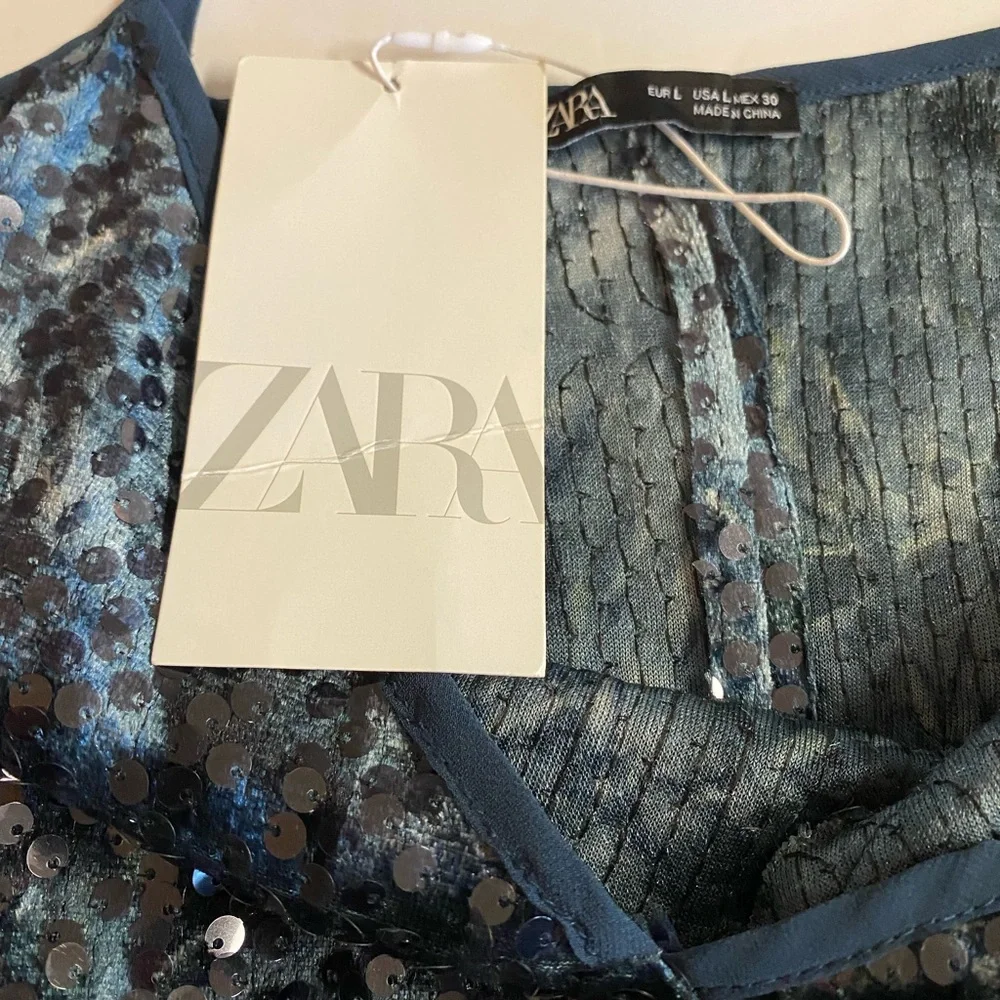 NWT ZARA  Glam Blue maximalist mini sequins dress w/spaghetti straps.Size L. - Picture 8 of 11